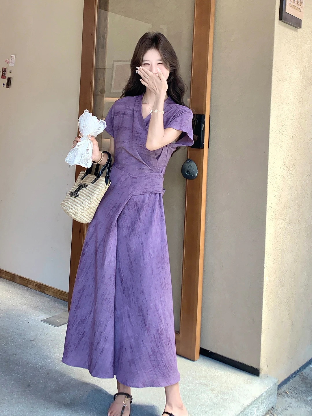 Elegant Purple Gradient V-Neck Dress Women's Summer 2026 Light Maturity High-End Feeling Belted Waist Long Dress