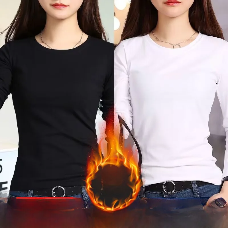 Thickened Fleece Warmth Women's Thermal Underwear Long Sleeve Slim Fit round Neck T-shirt Home Leisure Comfortable Base Shirt