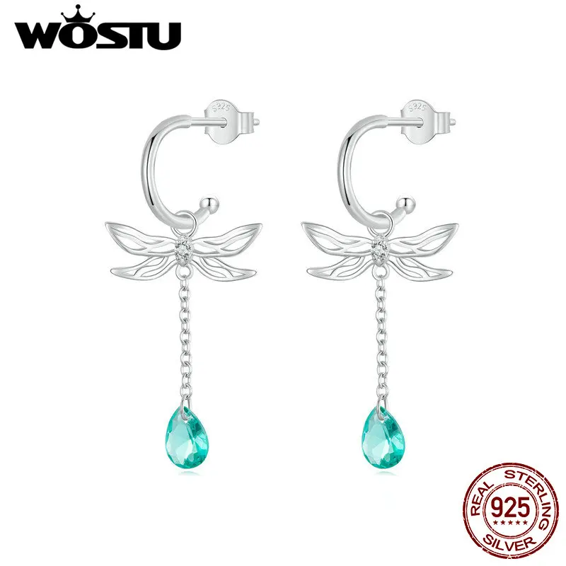 WOSTU 925 Sterling Silver Dragonfly Tassel Earrings For Women Drop Green CZ Long Link Earring Pendientes Party Jewelry accessory