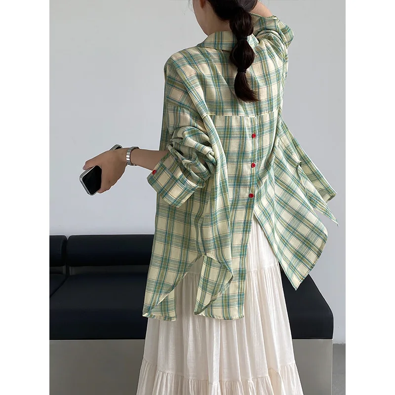 SuperAen Korean-style Green Plaid Long-sleeved Sun-protective Shirt for Women 2026 Summer New Contrast Color Shirts