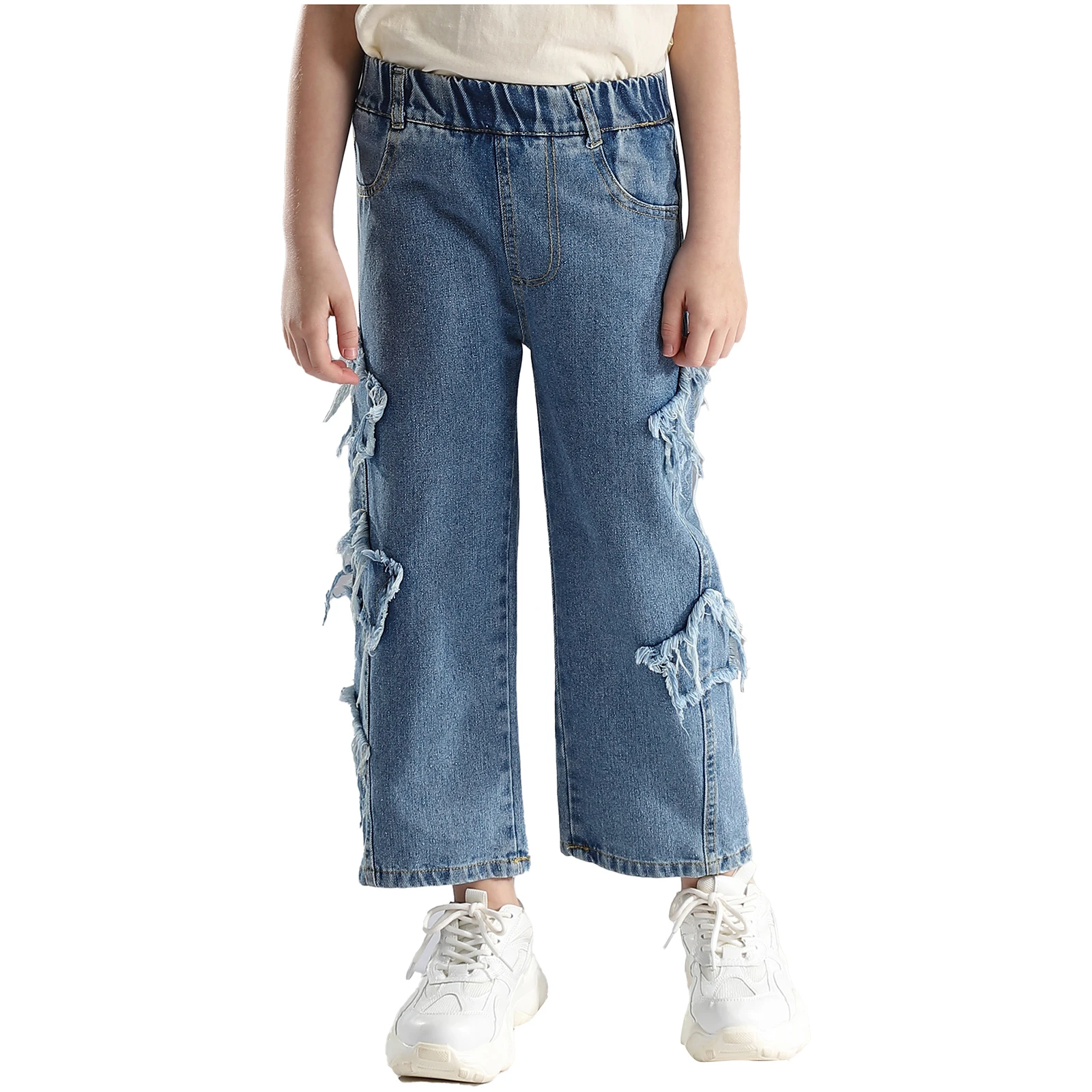 

2024 Kids Girls Fashion Frayed Star Patches Jeans Causal Elastic Waistband Denim Pants Skateboarding Trousers for Park Holiday