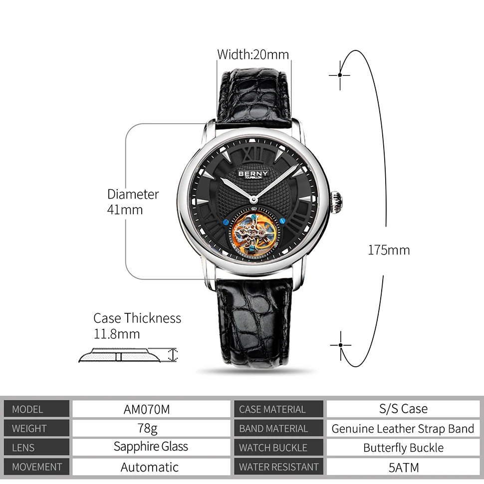 BERNY Tourbillon Men Watch Automatic Men Sapphire Luminous Hollow Watch Men Top Brand Luxury Skeleton Mechanical Wristwatch Men