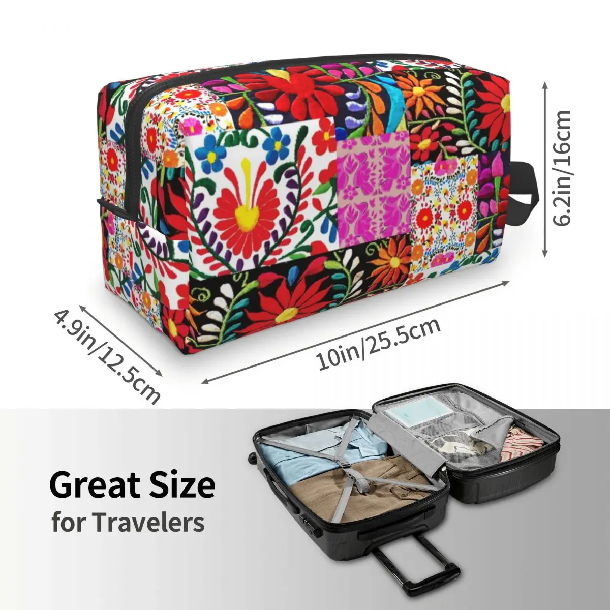 Custom Mexican Flower Patchwork Print Makeup Bag for Women Travel Cosmetic Organizer Kawaii Storage Toiletry Bags