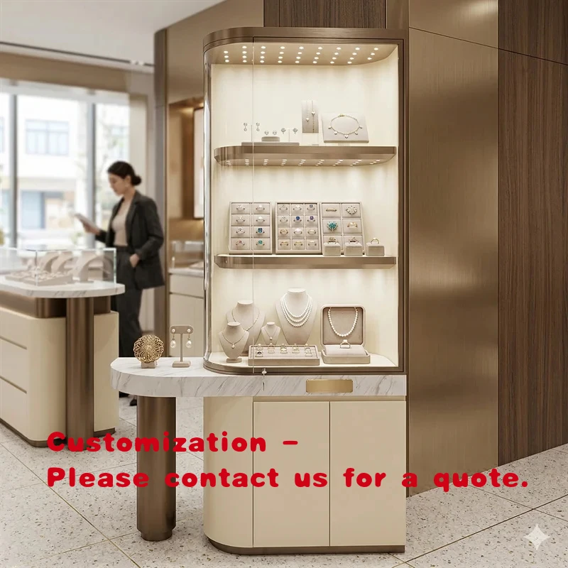 custom.Jewelry Showcase Curved Glass Marble Counter LED Lit Multi-tier Shelf Luxury Retail Bespoke OEM Direct Factory
