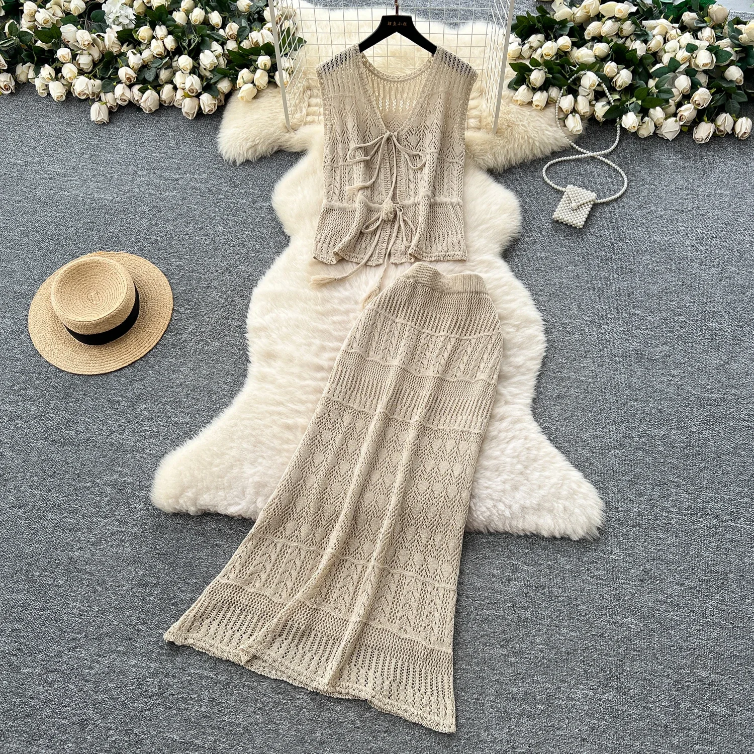 

Chic Elastic Knit hollow out V Neck Women Elegant Korean Fashion Vestidos Summer Slim Wrap Pencil Dress Two Piece Set