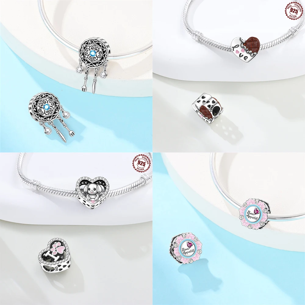 Dinner Plate Fork Knife Pink Dinner Plate Heart Puppy Original 925 Silver Bead Fit Bracelet Jewelry Acessory Women Diy Fine Gift