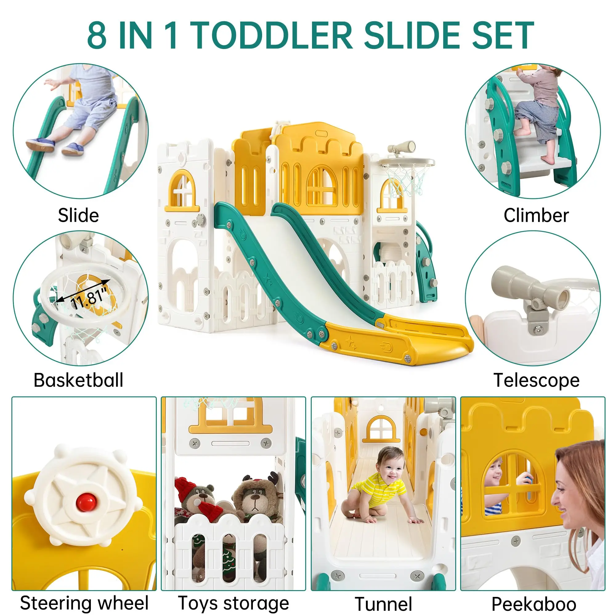 8 In 1 Toddler Slide Indoor Outdoor Playset Kids Climber Crawl Tunnel Basketball Hoop Telescope Steering Wheel Toy Storage Ages 1-3