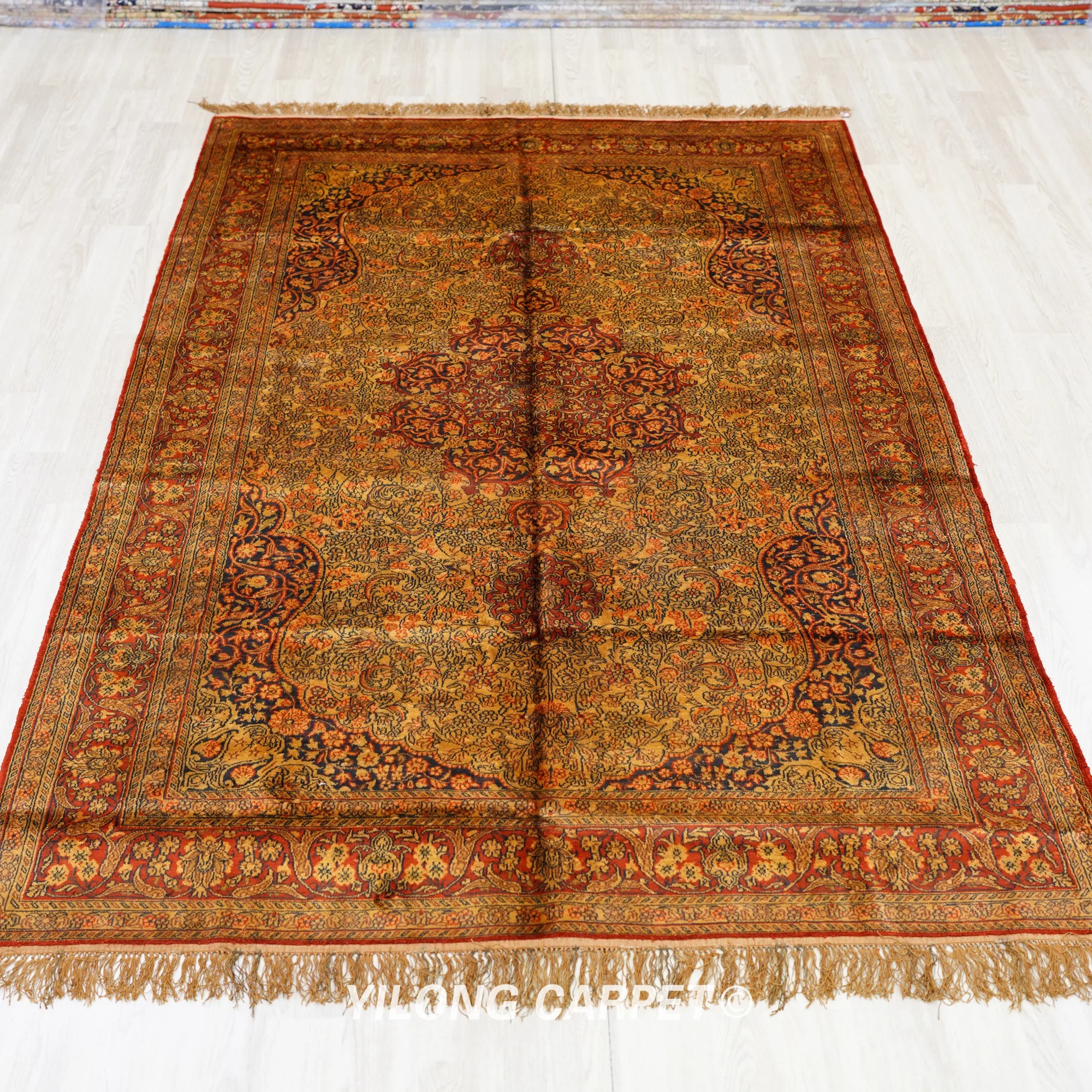 152x244cm Yellow Silk Area Carpet Antique Elegant Bedroom Oriental Rug (SLF173B)