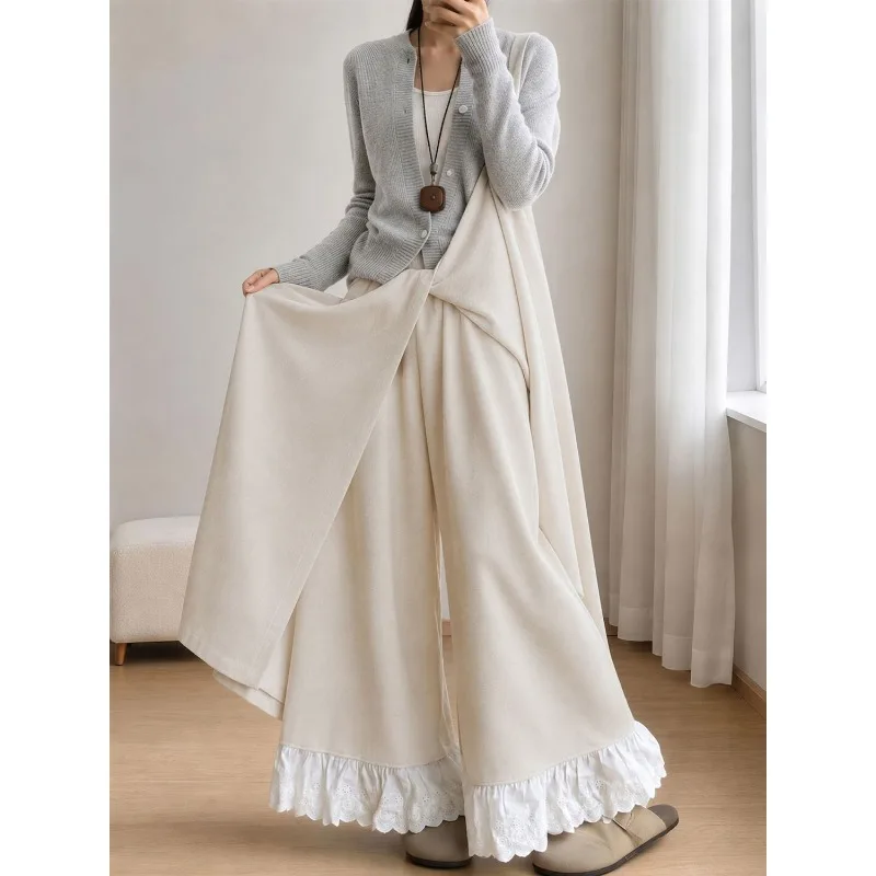 Women Lazy Style Spring Autumn Two Piece Wide Leg Pants Lace Spliced Draped Culottes