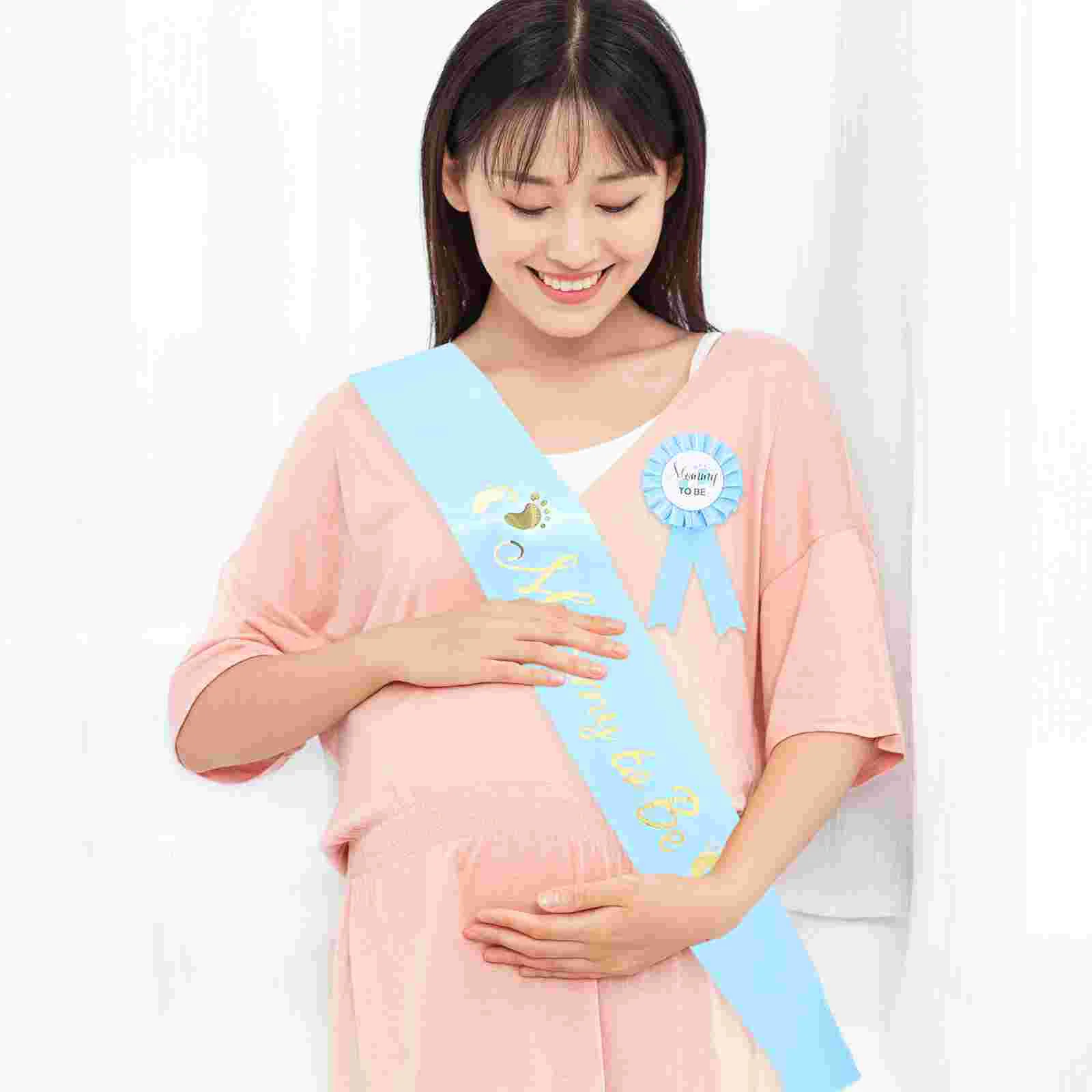 

Baby Shower Sash for Mom Pin Decor Maternity Belt Set Badge Decoration Dad to Blue