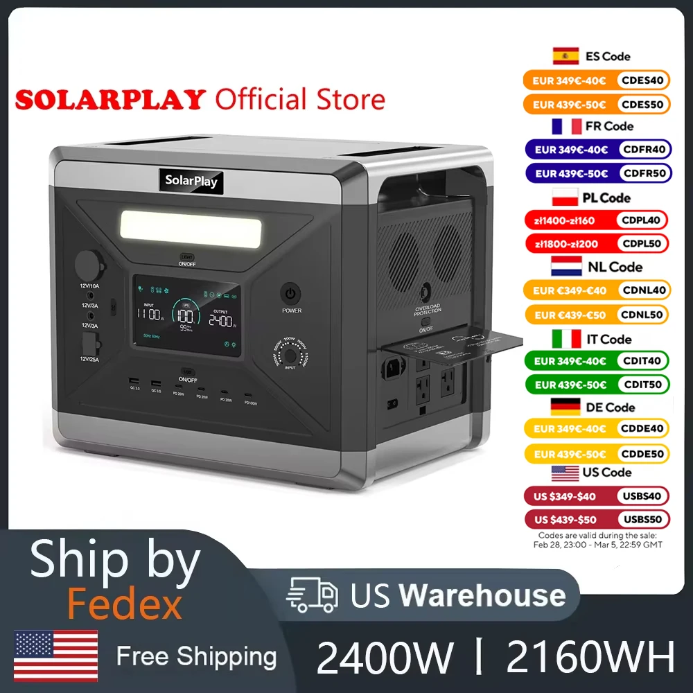 SOLARPLAY 675000mAh Portable Power Station 2400W  2160Wh  Solar Generator LiFePo4 Batteries 110V Energy Storage Supply Camping