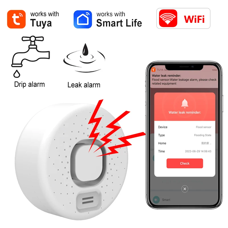 

Tuya WiFi Water Leak Sensor Smart Home Flood Detector APP Remote Alert Security Sound Alarm For Kitchen Bathroom No Hub Required