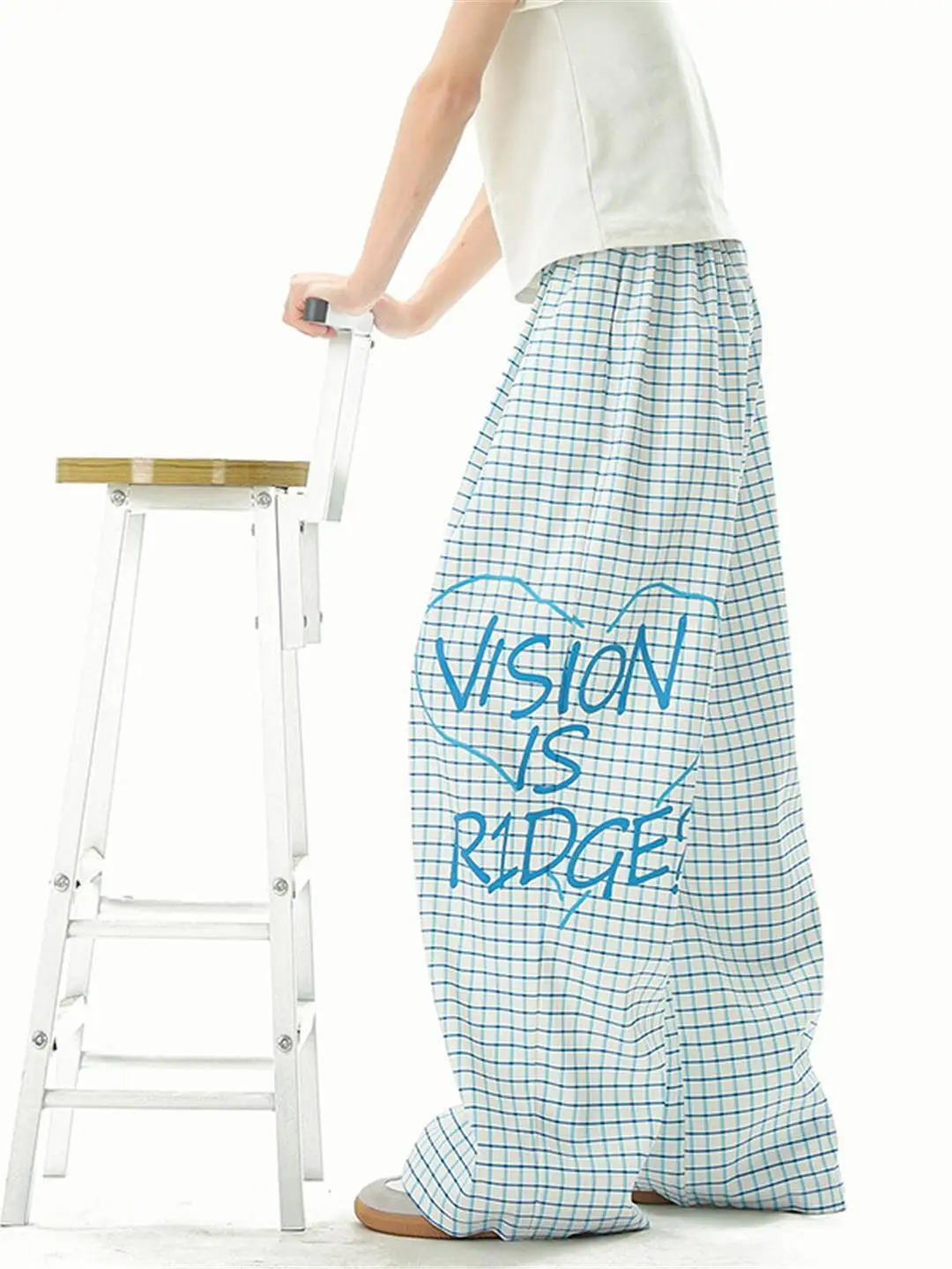 

Синие спортивные брюки в клетку с принтом в виде сердец и букв, женские повседневные широкие брюки для джазовых танцев, удобные брюки с эластичным поясом