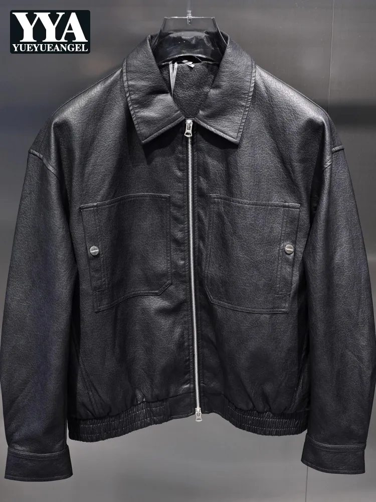 

New Autumn Fashion Casual Korean Style Solid Color Turndown Collar PU Leather Jacket Overcoat Loose Fit Zippers Outerwear Coat