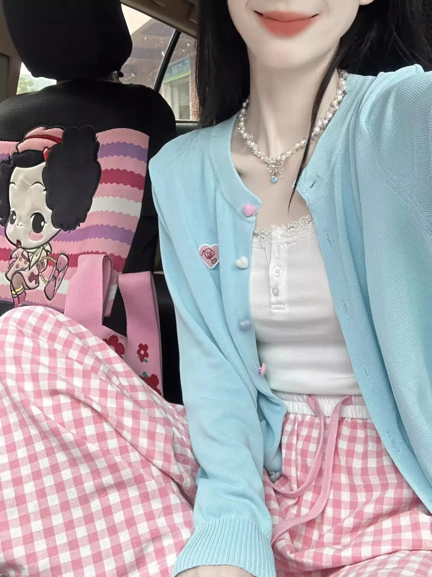 เสื้อคลุมคาร์ดิแกนถักบางเบาสีฟ้า Dopne สำหรับผู้หญิง ป้องกันแสงแดด สไตล์หวาน แขนยาว ทรงหลวม กระดุมกลม