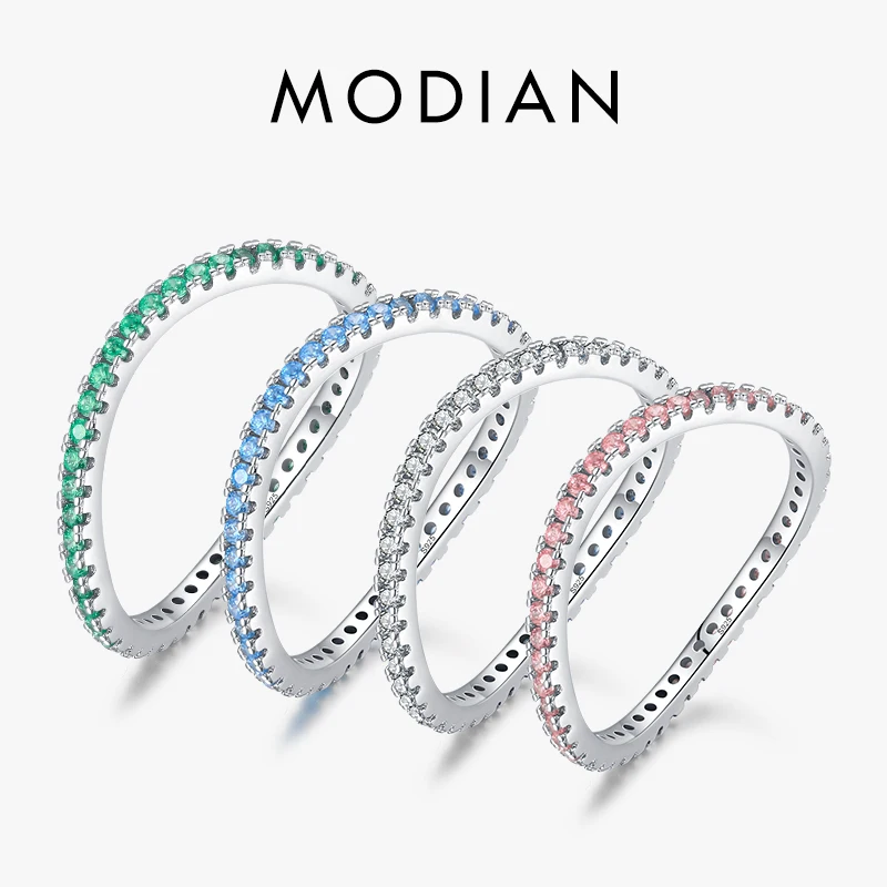 MODIAN 925 Sterling Silver Multi-color CZ Simulated Diamond Eternity Band Rings For Women Fashion Irregular Wave Wedding Jewelry