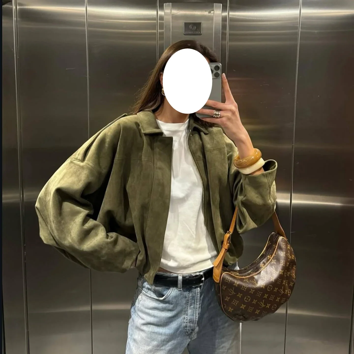 

2025 French Style Suede Jacket Zip Up Notched Lapel Elastic Waist Oversized Cropped Vintage Blazer