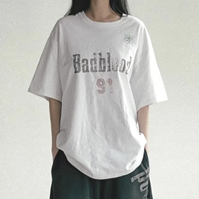 

Letter Print Fuzzy Font Round-neck T-shirt Women Summer Fashion Retro Loose Street Trend Casual Multi Style Comfortable T-shirt