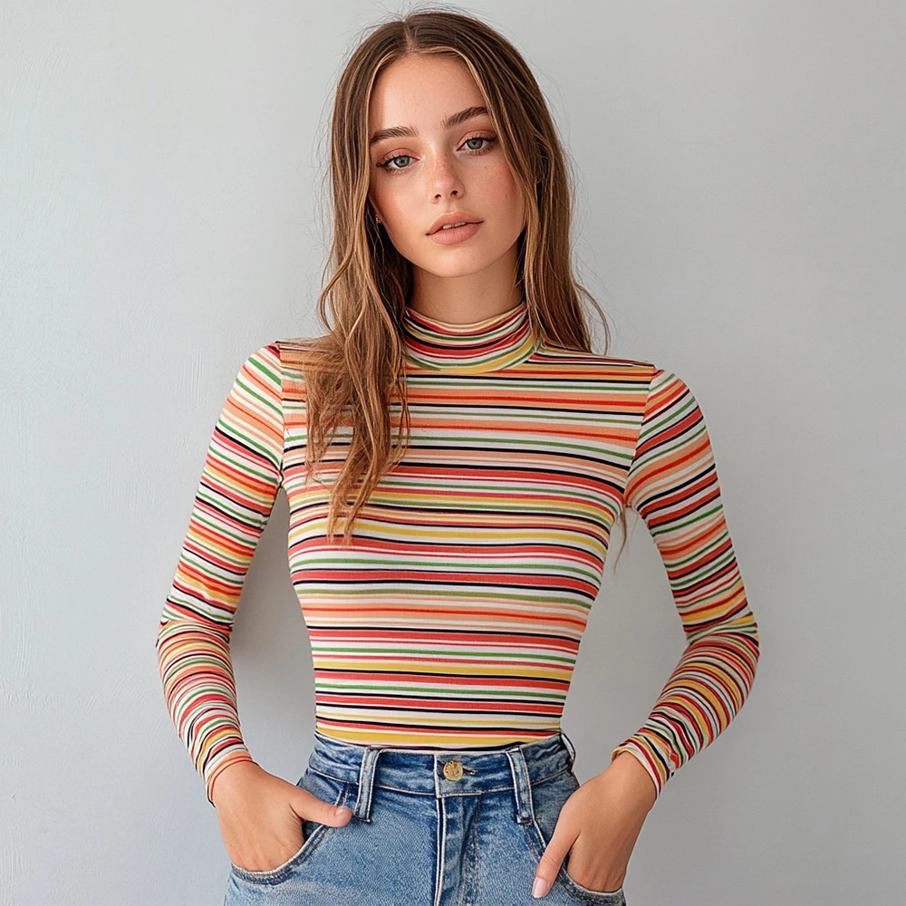 

Rainbow Casual Tshirt Vintage Stripes Aesthetic Woman Y2K Tops Emo Maiden Cute Clothing Fashion Chic Long Sleeve Mockneck Tshirt