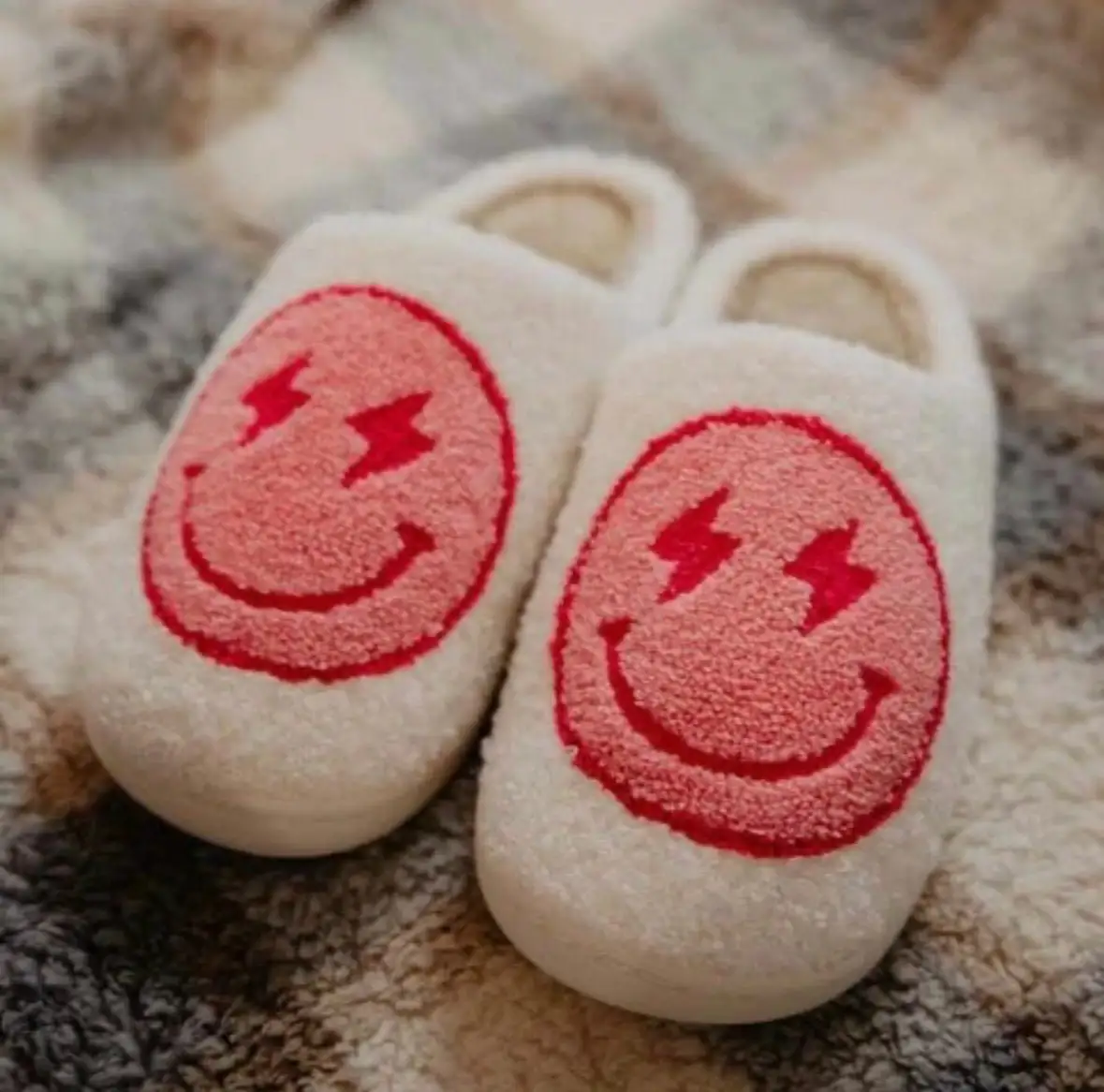 New Lightning Smile Face Slippers Funny Home Cotton Shoes Non Slip with Platform Shoes Fleece Flat Winter Shoes for Women Gift