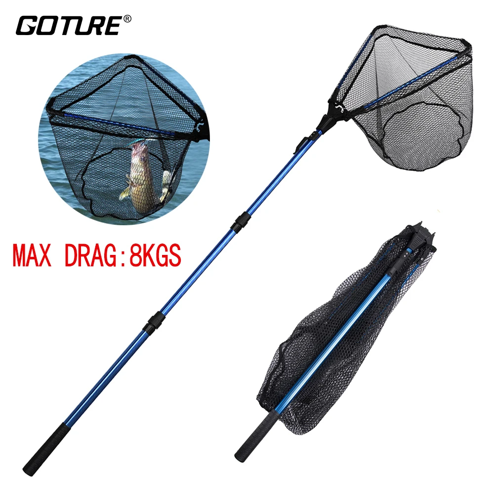 Goture Aluminium Alloy Landing Net 1.02M 1.65M 2.2M Fly Fishing Dip Net Telescopic Fishnet Rubber Handle 8KG Power Mesh Trout