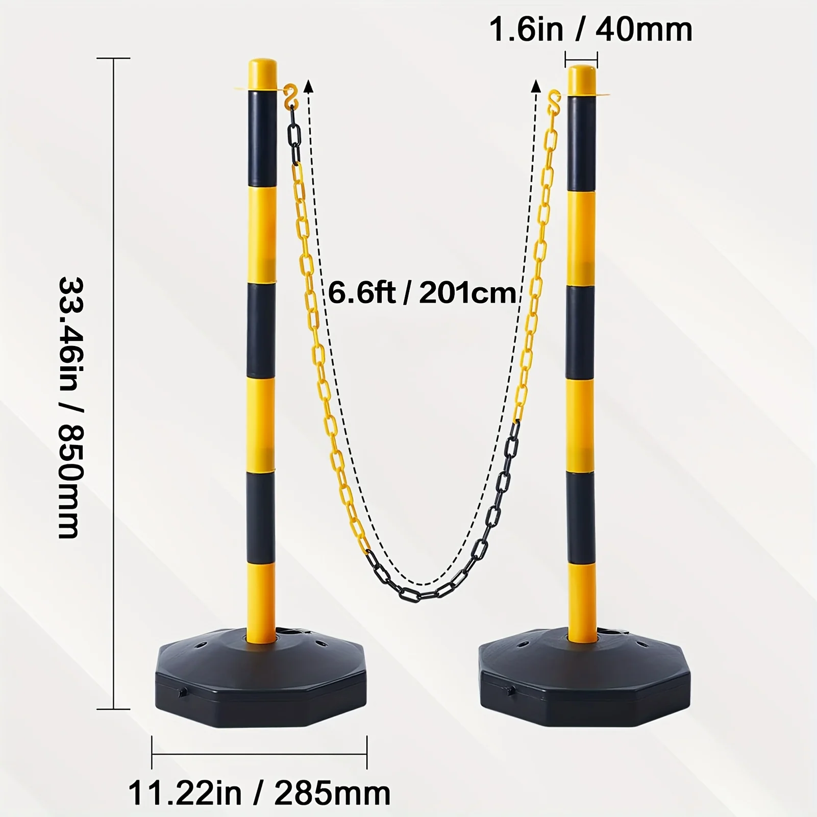 4 Traffic Marking Warning Cones, Black and Yellow Safety Isolation Barriers, Height Adjustable, with Refillable Base, 6.6 Feet Chain, for Traffic Control, Warning, Parking Lot Construction, and Road Warning