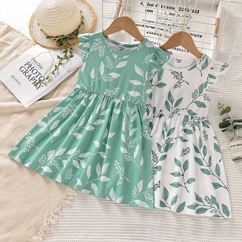 Baby Girls' Summer Sweet Fresh Dress: Leaf-Print Flutter-Sleeve A-Line Skirt – Comfortable & Breathable Sleeveless Outfit