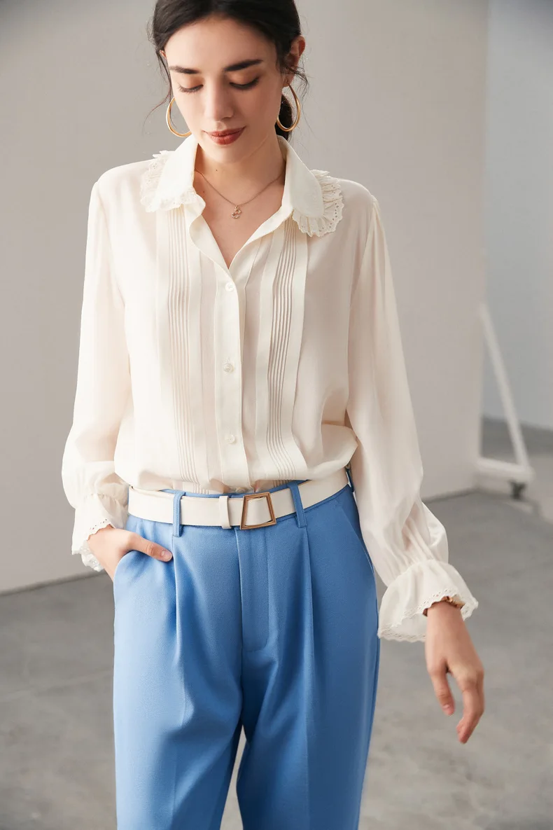 100% Natural Silk Women's Shirt Peter Pan Collar Long Sleeves Piping Elegant Blouse Tops