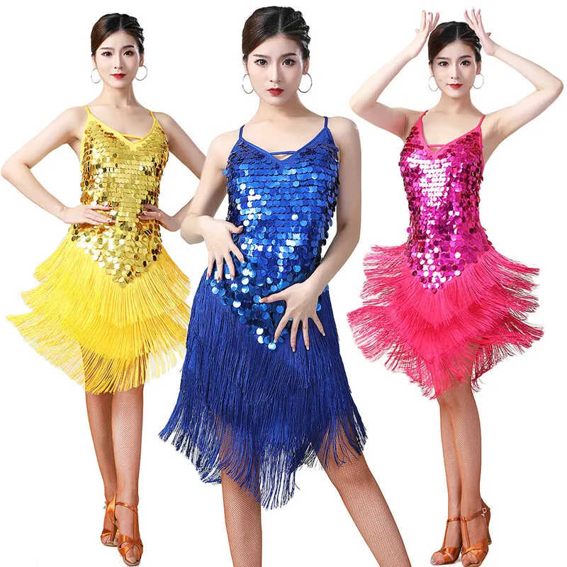 Womens Latin dance sequin tassel dance dress stage performance dress leaky back dance competition dress suspender sequin dress