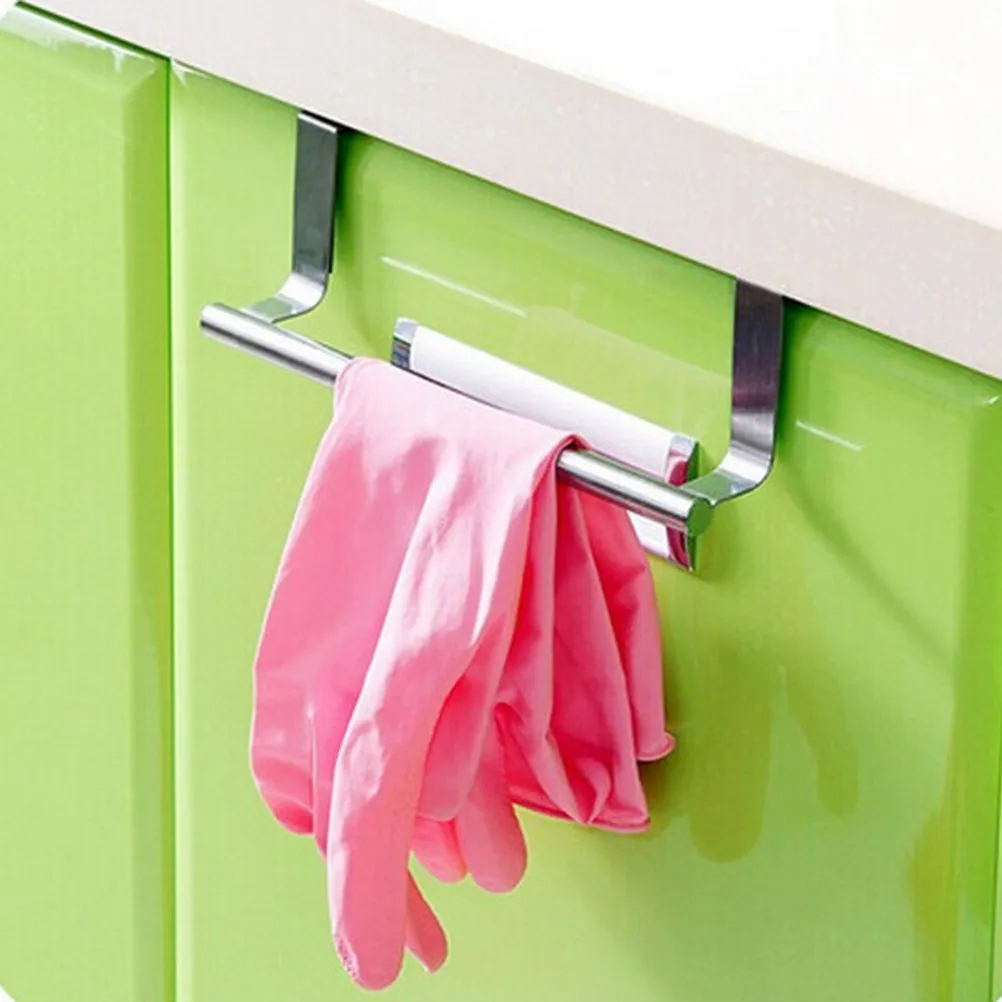 2Pcs Stainless Steel Towel Rack Single-Bar Door Hanger Kitchen Cabinet Organizer Utility Room Garage Microfiber Cloth Hanging