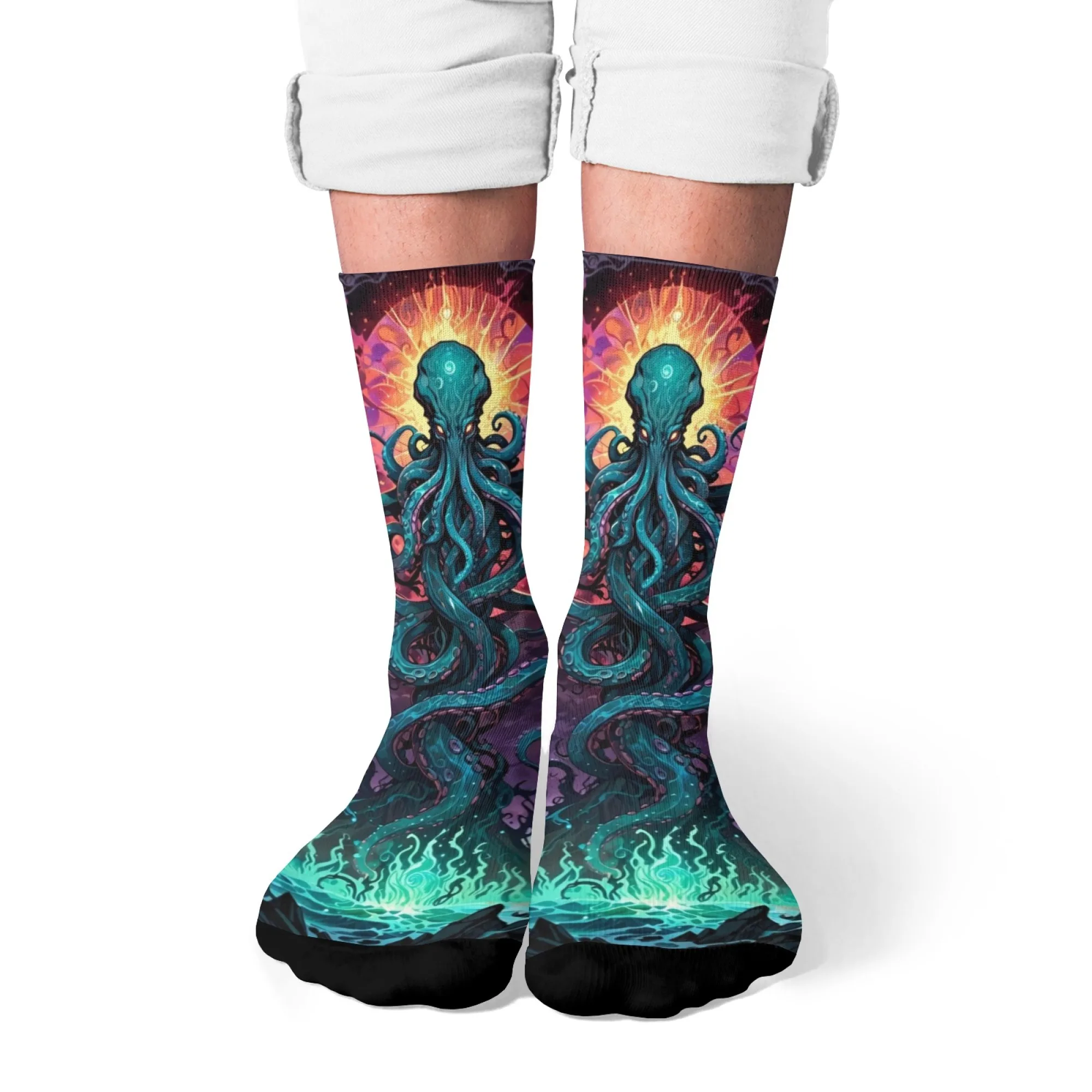 Fantasy-themed Crew Socks Cthulhu Octopus & Elements Artistic Illustrations Comfortable for Collector Gifts & Dark Fantasy Fans