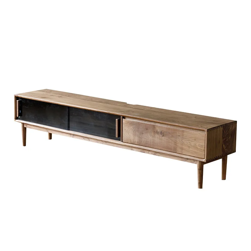 

Black walnut Nordic minimalist style living room glass display cabinet with light strip Japanese TV cabinet