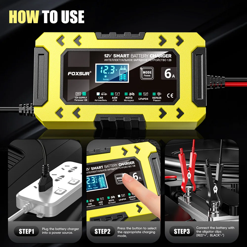 12V6A 스마트 자동차 배터리 충전기 6 모드 수리 범용 자동차 배터리 충전기 저전압 충전 자동차 배터리 유지 보수 장치