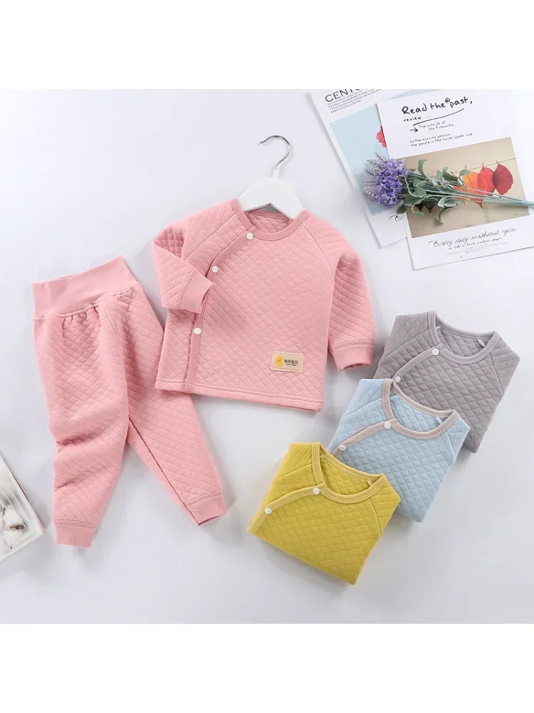 3-6 Months Newborn Baby High Waist Thermal Underwear Set Cotton Baby Autumn Clothes and Pants Three Layers of Warmth Thickened