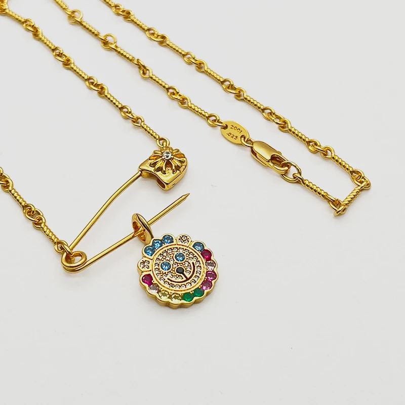 Retro Cross Flower Safety Pin Smile Face Necklace Iced Out Colorful Diamond Bling Charm Punk Hip Hop Jewelry for Women Men Gift