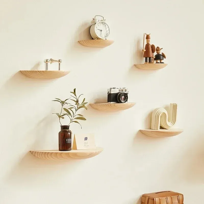 Nordic Style Wall Mounted Semicircular Wood Wall Storage Rack Background Wall Display Home Decoration Item Storage Organization