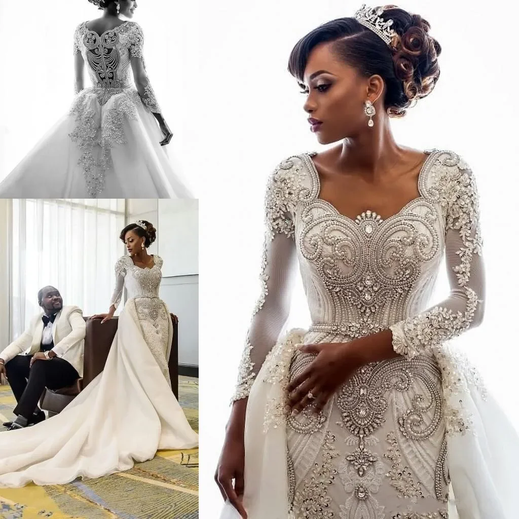 

Customized Elegant Beading African Wedding Dresses Crystals Overskirts Luxury Long Sleeves Sheath Detachable Train Bridal Gowns