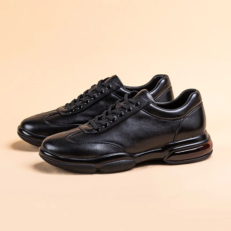 

Fashion Sports Casual Leather Shoes Men Genuine Leather High-grade Shock-absorbing Black Trendy Shoes