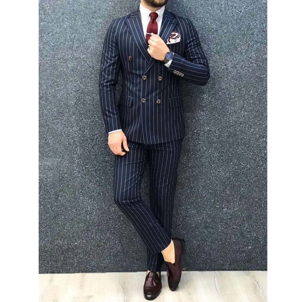 Formal Men\'s Suits Navy Blue Elegant Blazer Terno Regular Length Peak Lapel Pinstripe 2 Piece Jacket Pants Business Outfits 011C