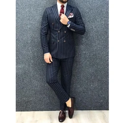 Formal Men's Suits Navy Blue Elegant Blazer Terno Regular Length Peak Lapel Pinstripe 2 Piece Jacket Pants Business Outfits 011C