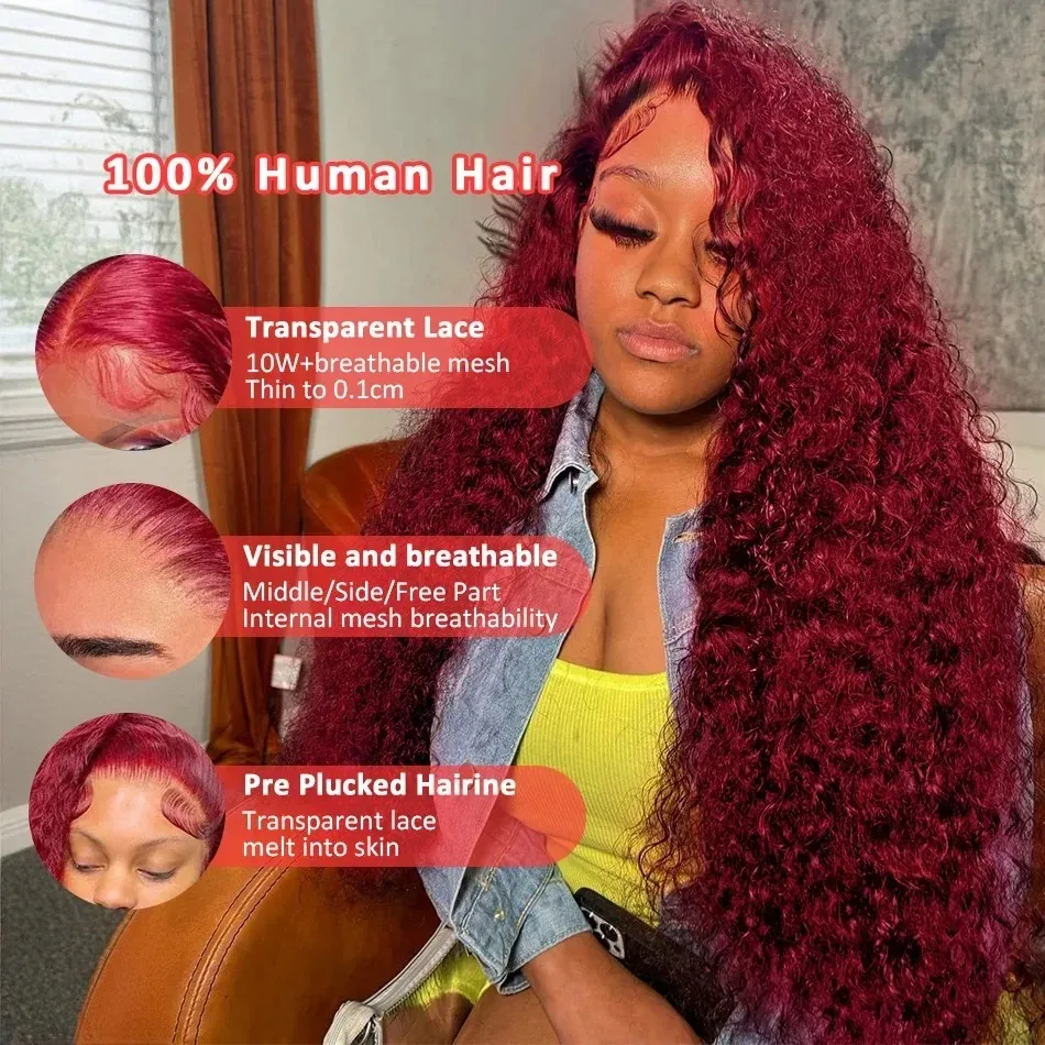 Perruque Lace Front Wig Deep Wave Brésilienne Naturelle, Cheveux Bouclés, 13x4, 13x6, 99J, Bordeaux, 30 40 Pouces, Densité 200, pour Femme Africaine