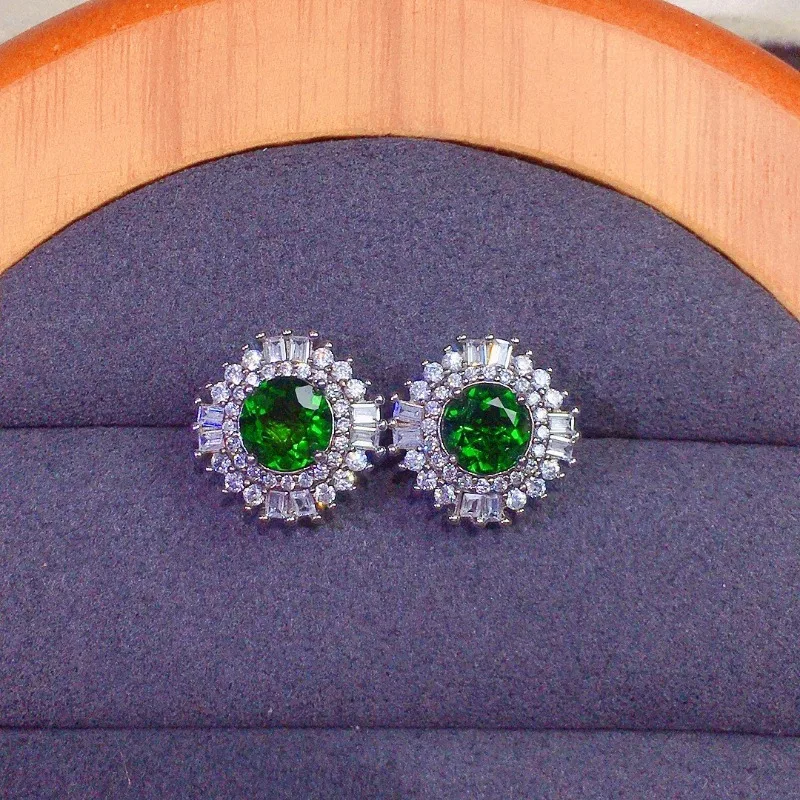 

YULEM 925 Sterling Silver 925 Natural Diopside Stud Earrings Stone Size 6mm Green Natural Stone for Women Daily Wear