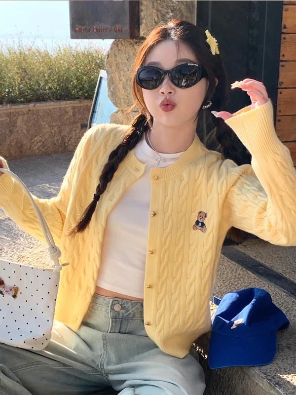 Korean Style Short Knitted Cardigan Women's Outerwear Slim Fit Twist Sweater Jacket Fashionable Embroidered Autumn Winter Top