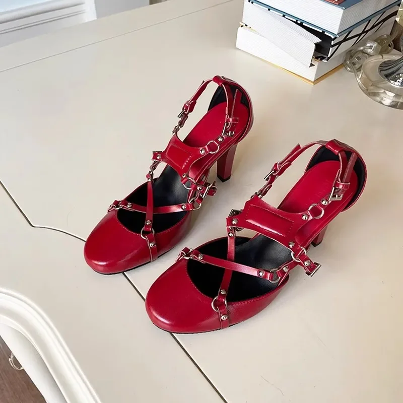 

Sexy Cross Strap Stiletto High Heel Women Pumps Retro Round Toe Belt Buckle Summer Sandals Ladies Party Dress Shoes