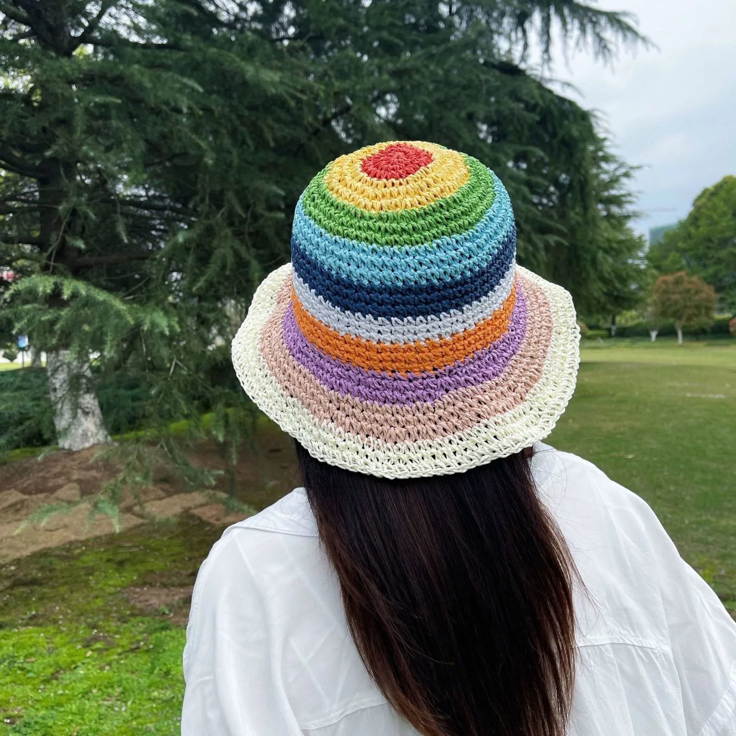 New Popular Summer Beach Bucket Hat Cap For Women Crochet Straw Rainbow Spring Fish Hat Outdoor Female Lady Gift Wholesales