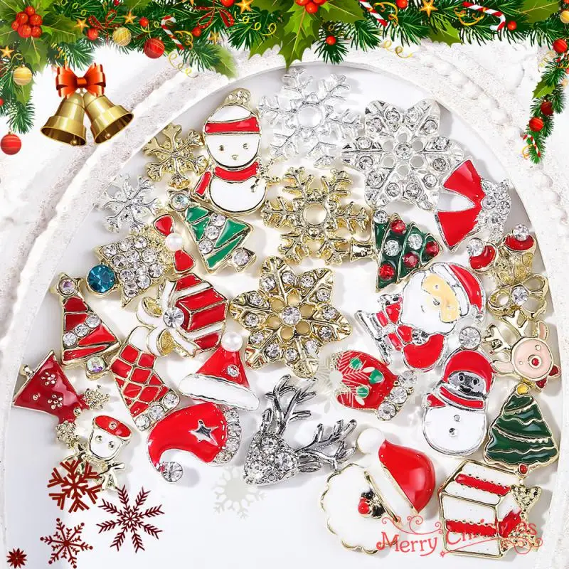 10 Uds. De piezas de Metal para uñas con copos de nieve de Navidad, dijes para uñas con circonita y diamantes, accesorios de decoración para uñas DIY con purpurina navideña