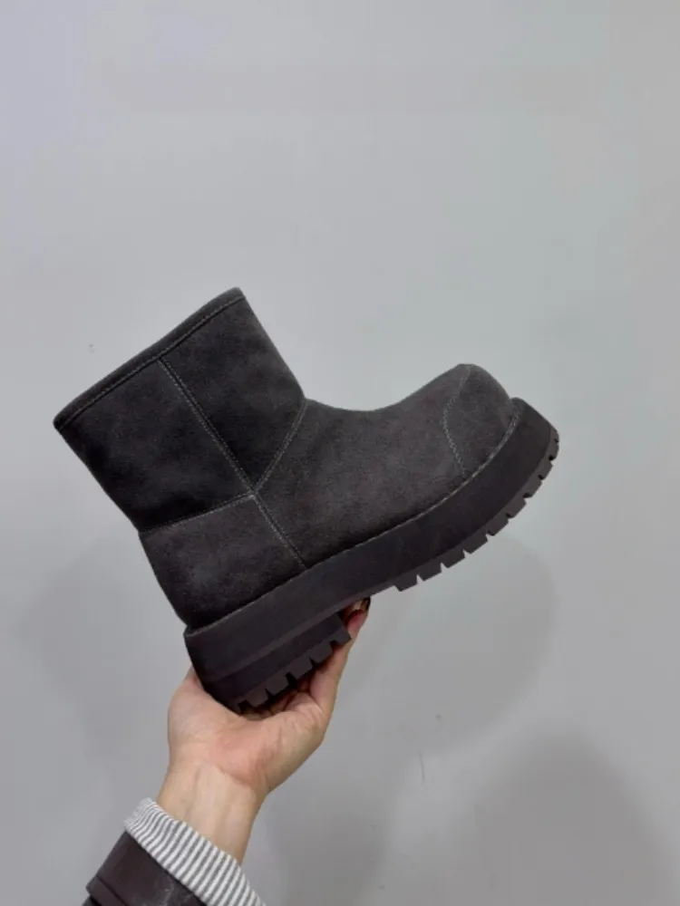 Lady Winter Cow Suede Snow Boots British Style Thick Soled Slip-On Ankle Boots Round Toe Fleece Lining Warm Solid Color Footwear
