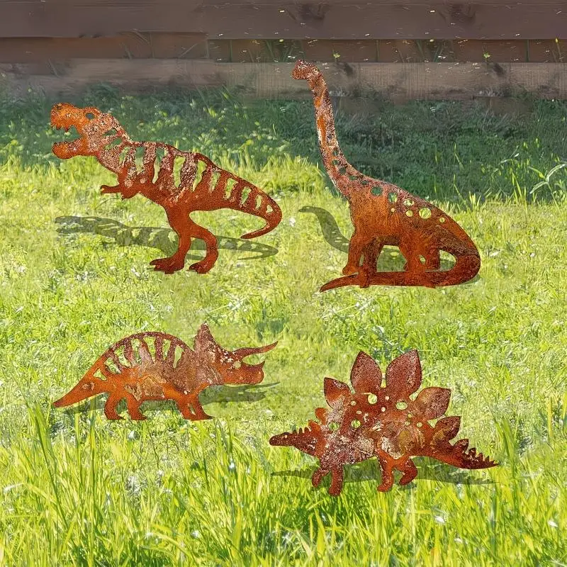 Garden Stake 4pcs Metal Rust Dinosaur Outdoor Decor Ornament Yard Lawn Perfect Gift Enthusiasts Gift