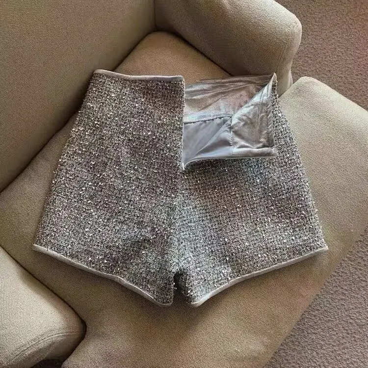 Women Shorts Sexy High Waist Silver Sequins Short Pants for Ladies Y2k Straight Wide Leg Casual Cargo Pantalones for Female 2025