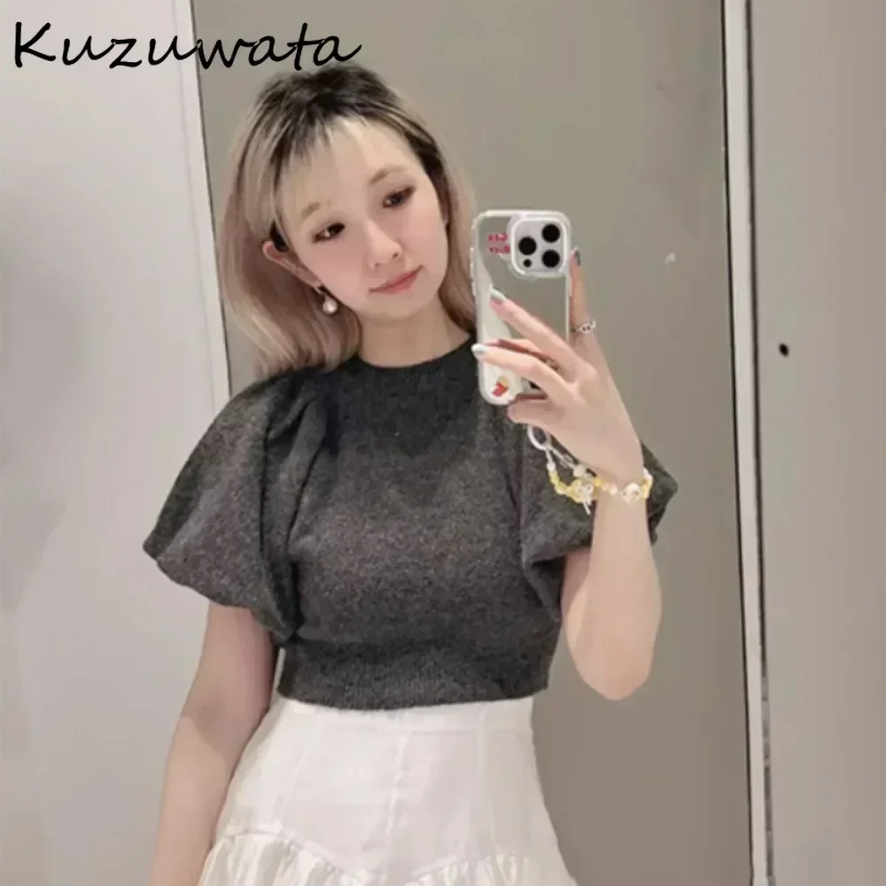 Kuzuwata Temperament O Neck Puff Sleeve Sweet Jumper All-match Knit Casual Patchwork Pullover Japan Moda Solid Elegant Knitted